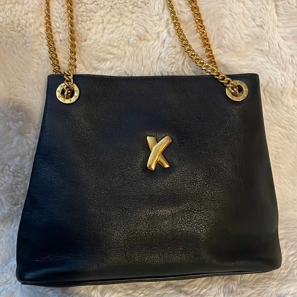 Paloma Picasso Navy Leather w/ gold hardware Double Chain Shoulder Bag